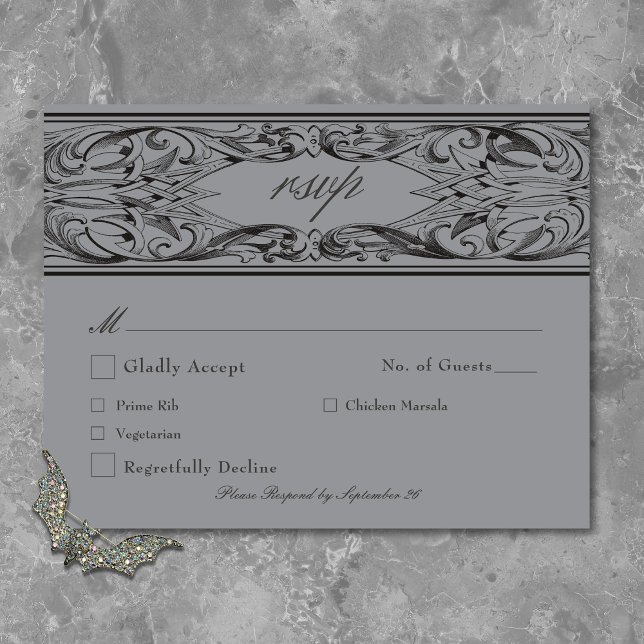 Victorian Fladdermus till Dödsolyckan och Grått Br OSA Kort (Victorian Bat Until Death Black & Gray Wedding RSVP Card)