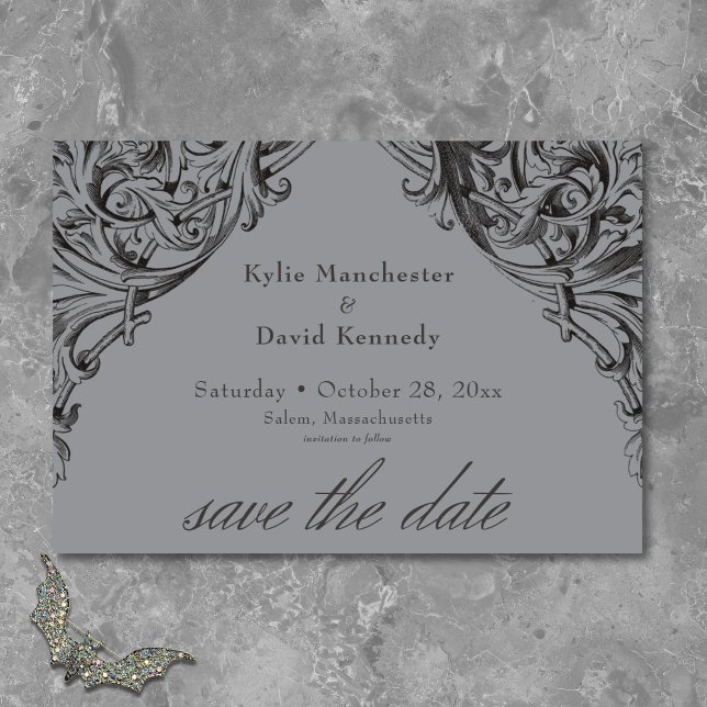 Victorian Fladdermus till Dödsolyckan och Grått Br Spara Datumet (Victorian Bat Until Death Black & Gray Wedding Save The Date)