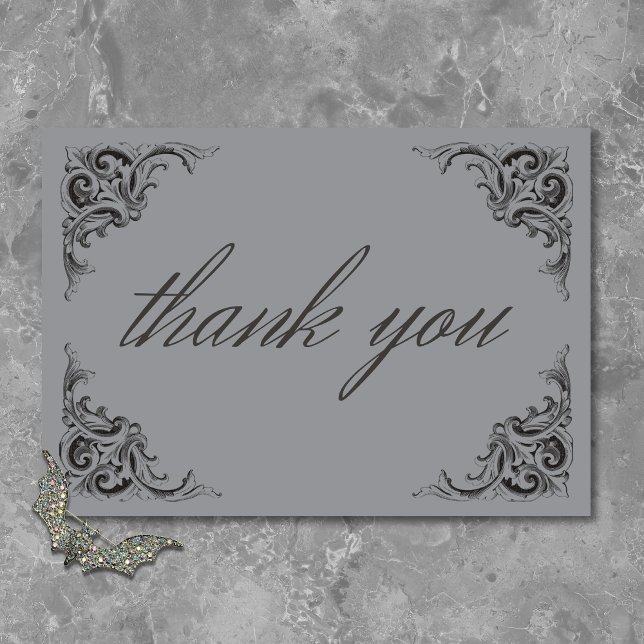 Victorian Fladdermus till Dödsolyckan och Grått Br Tack Kort (Victorian Bat Until Death Black & Gray Wedding Thank You Card)