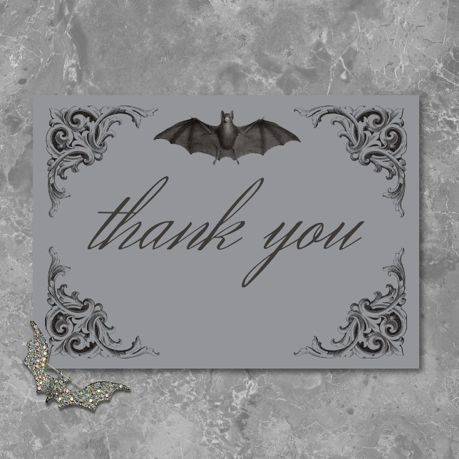 Victorian Fladdermus till Dödsolyckan och Grått Br Tack Kort (Victorian Bat Until Death Black & Gray Wedding Thank You Card)