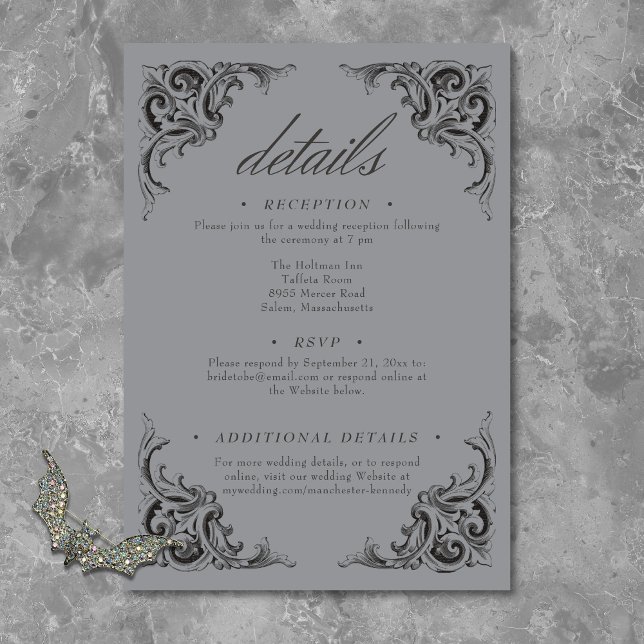 Victorian Fladdermus till Dödsolyckan och Grått Br Tilläggskort (Victorian Bat Until Death Black & Gray Wedding Enclosure Card)