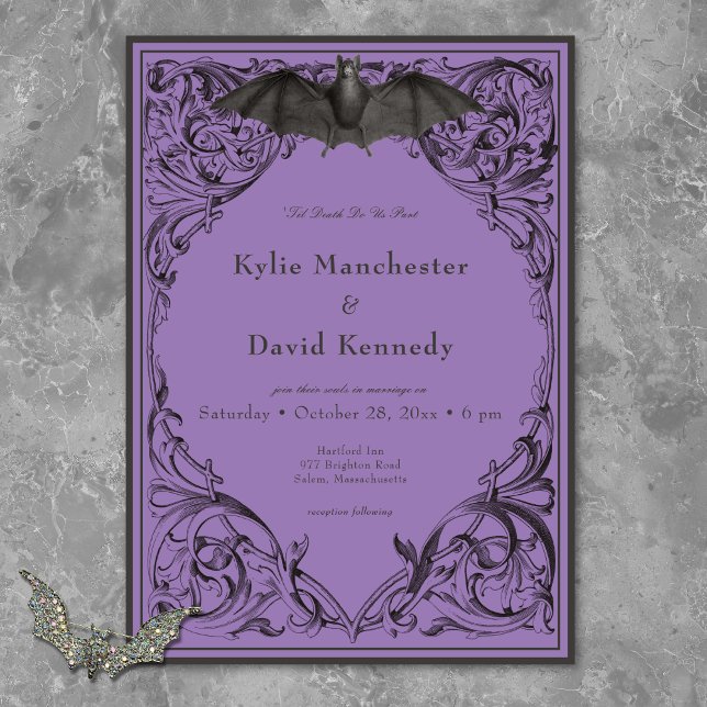 Victorian Fladdermus till Dödsolyckan och Lila Brö Inbjudningar (Victorian Bat Until Death Black & Purple Wedding Invitation)