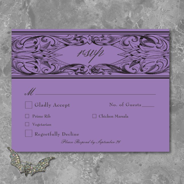 Victorian Fladdermus till Dödsolyckan och Lila Brö OSA Kort (Victorian Bat Until Death Black & Purple Wedding RSVP Card)