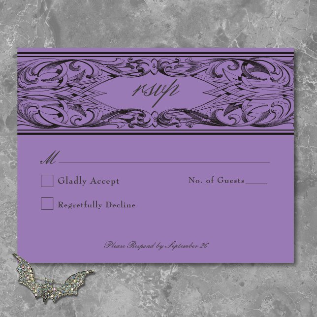 Victorian Fladdermus till Dödsolyckan och Lila Brö OSA Kort (Victorian Bat Until Death Black & Purple Wedding RSVP Card)