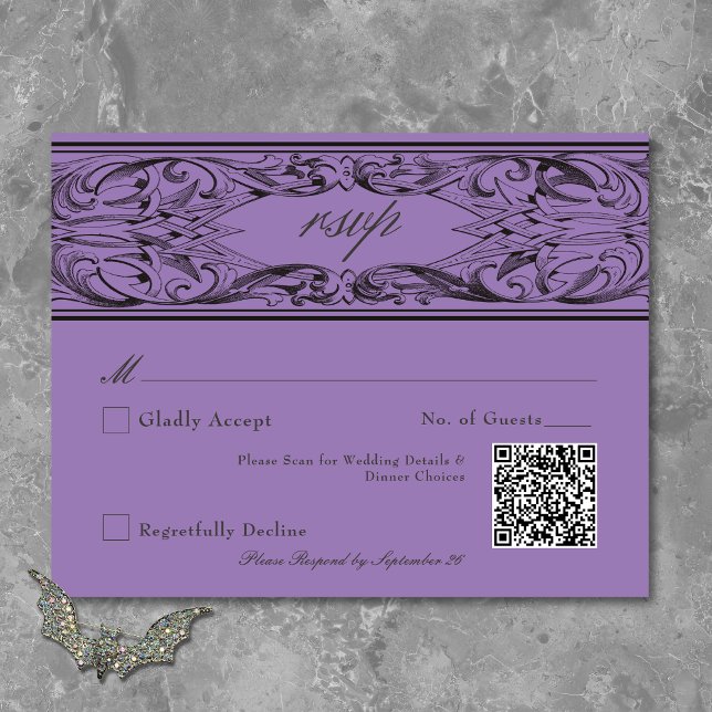 Victorian Fladdermus till Dödsolyckan och Lila Brö OSA Kort (Victorian Bat Until Death Black & Purple Wedding RSVP Card)