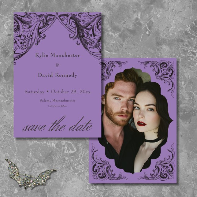 Victorian Fladdermus till Dödsolyckan och Lila Brö Spara Datumet (Victorian Bat Until Death Black & Purple Wedding Save The Date)