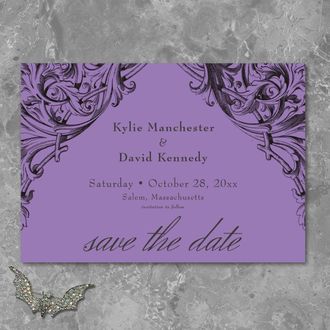 Victorian Fladdermus till Dödsolyckan och Lila Brö Spara Datumet (Victorian Bat Until Death Black & Purple Wedding Save The Date)