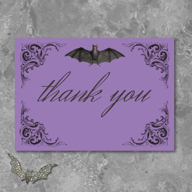 Victorian Fladdermus till Dödsolyckan och Lila Brö Tack Kort (Victorian Bat Until Death Black & Purple Wedding Thank You Card)