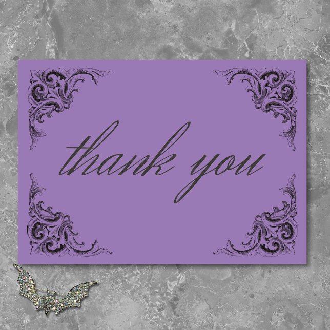 Victorian Fladdermus till Dödsolyckan och Lila Brö Tack Kort (Victorian Bat Until Death Black & Purple Wedding Thank You Card)