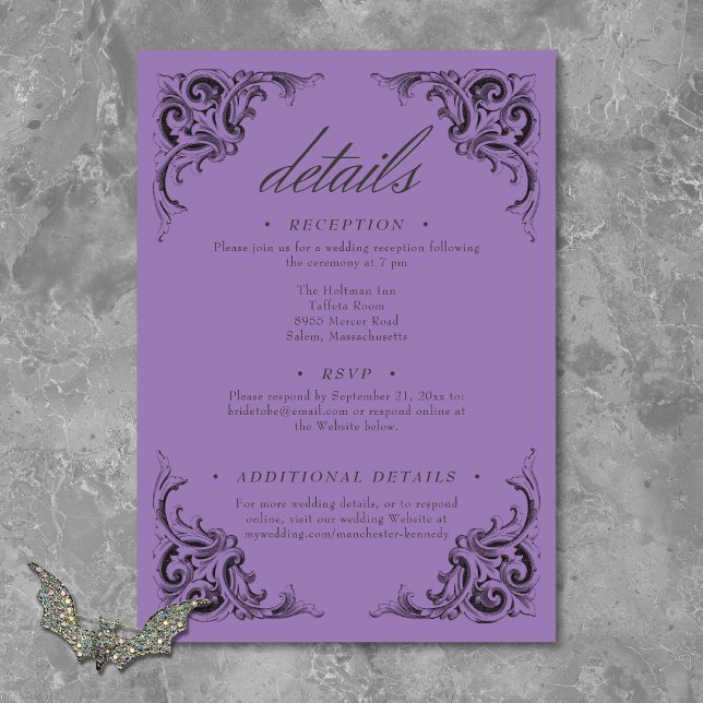 Victorian Fladdermus till Dödsolyckan och Lila Brö Tilläggskort (Victorian Bat Until Death Black & Purple Wedding Enclosure Card)