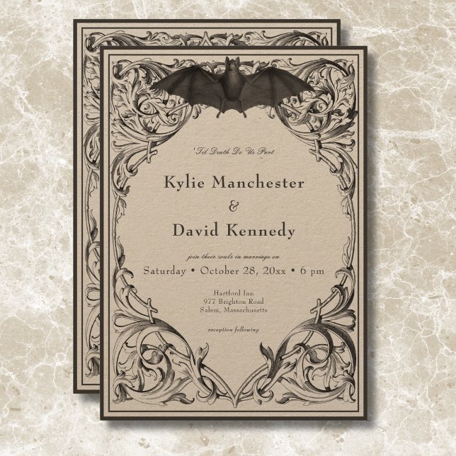 Victorian Fladdermus till Dödssvart och Tan Bröllo Inbjudningar (Victorian Bat Until Death Black & Tan Wedding Invitation)