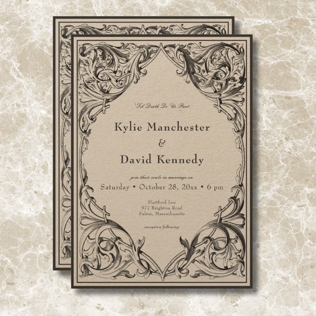 Victorian Fladdermus till Dödssvart och Tan Bröllo Inbjudningar (Victorian Bat Until Death Black & Tan Wedding Invitation)