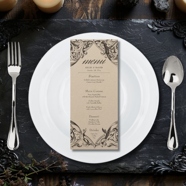 Victorian Fladdermus till Dödssvart och Tan Bröllo Meny (Victorian Bat Until Death Black & Brown Wedding Menu)