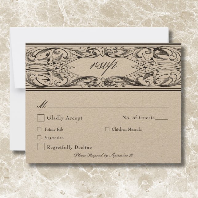 Victorian Fladdermus till Dödssvart och Tan Bröllo OSA Kort (Victorian Bat Until Death Black & Tan Wedding RSVP Card)