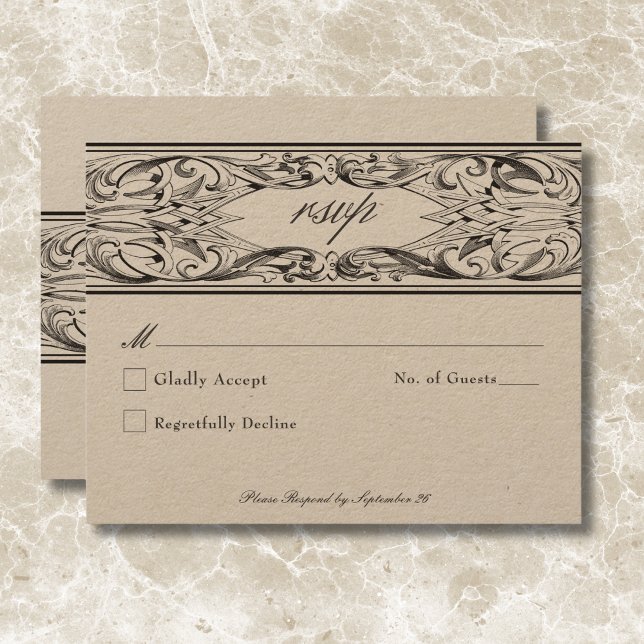 Victorian Fladdermus till Dödssvart och Tan Bröllo OSA Kort (Victorian Bat Until Death Black & Tan Wedding RSVP Card)