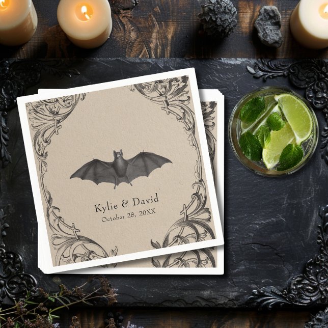 Victorian Fladdermus till Dödssvart och Tan Bröllo Pappersservett (Victorian Bat Until Death Black & Tan Wedding Napkin)
