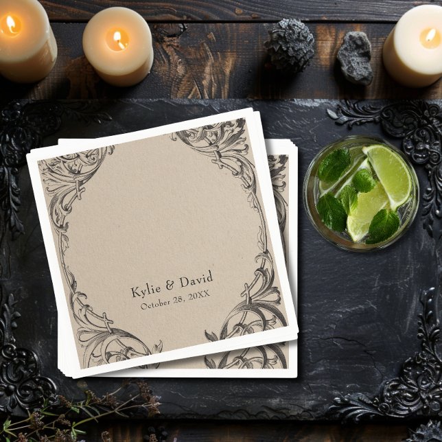 Victorian Fladdermus till Dödssvart och Tan Bröllo Pappersservett (Victorian Bat Until Death Black & Tan Wedding Napkin)