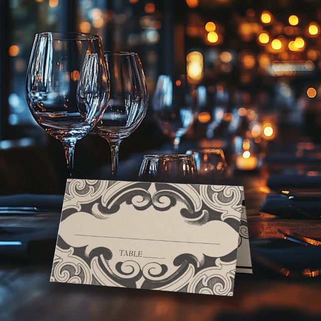 Victorian Fladdermus till Dödssvart och Tan Bröllo Placeringskort (Victorian Bat Until Death Black & Tan Wedding Place Card)