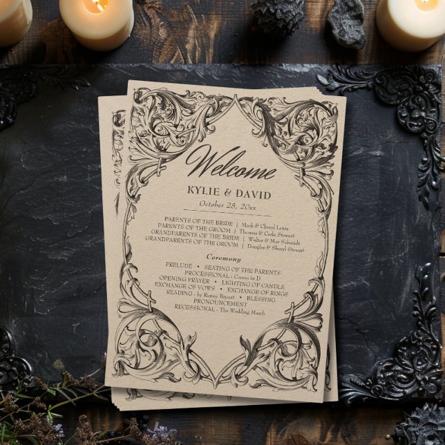 Victorian Fladdermus till Dödssvart och Tan Bröllo Program (Victorian Bat Until Death Black & Tan Wedding Program)