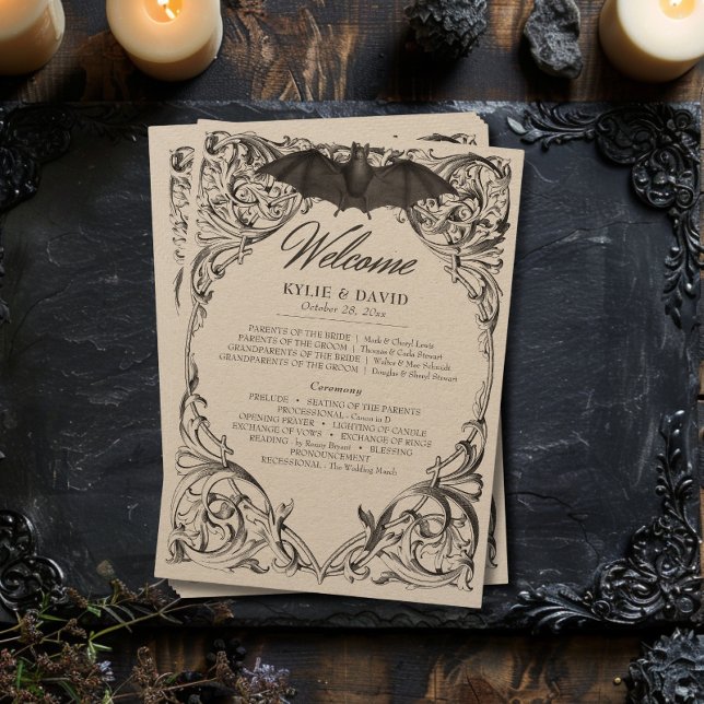 Victorian Fladdermus till Dödssvart och Tan Bröllo Program (Victorian Bat Until Death Black & Tan Wedding Program)