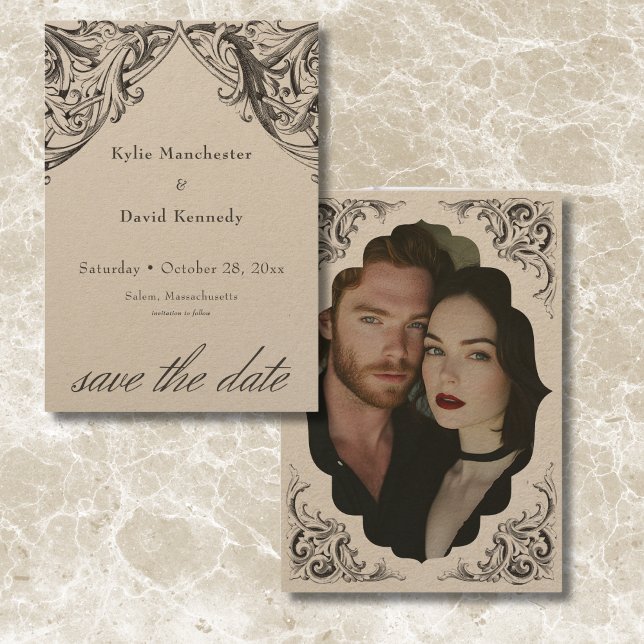 Victorian Fladdermus till Dödssvart och Tan Bröllo Spara Datumet (Victorian Bat Until Death Black & Tan Wedding Save The Date)