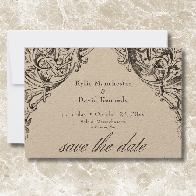 Victorian Fladdermus till Dödssvart och Tan Bröllo Spara Datumet (Victorian Bat Until Death Black & Tan Wedding Save The Date)