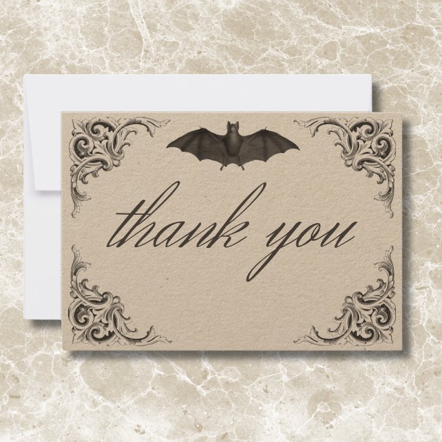 Victorian Fladdermus till Dödssvart och Tan Bröllo Tack Kort (Victorian Bat Until Death Black & Tan Wedding Thank You Card)