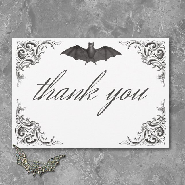 Victorian Fladdermus till Dödssvartvit Bröllop Tack Kort (Victorian Bat Until Death Black White Wedding Thank You Card)