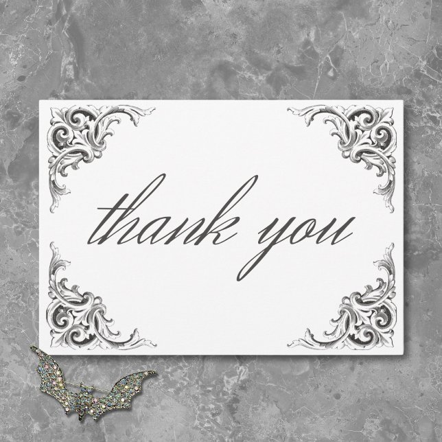 Victorian Fladdermus till Dödssvartvit Bröllop Tack Kort (Victorian Bat Until Death Black White Wedding Thank You Card)