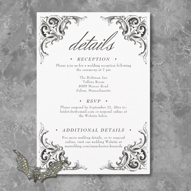 Victorian Fladdermus till Dödssvartvit Bröllop Tilläggskort (Victorian Bat Until Death Black White Wedding Enclosure Card)