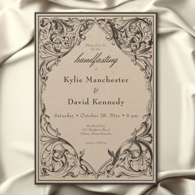 Victorian Fladdermus tills Dödssvart och Tan Handf Inbjudningar (Victorian Bat Until Death Black & Tan Handfasting Invitation)