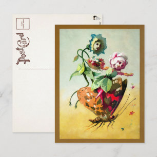 Victorian Flowers Riding a Butterfly Postcard Vykort