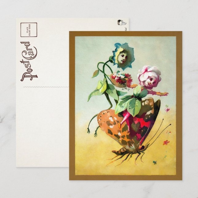 Victorian Flowers Riding a Butterfly Postcard Vykort (Fram/baksida)