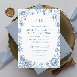 Victorian Fransk Dusty Blue Bröllop Monogram Inbjudningar