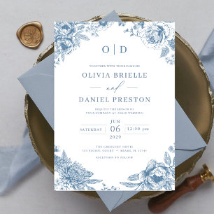 Victorian Fransk Dusty Blue Bröllop Monogram Inbjudningar