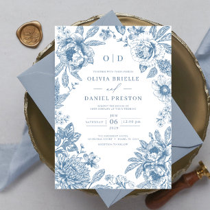 Victorian Fransk Dusty Blue Bröllop Monogram Inbjudningar