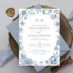 Victorian Fransk Dusty Blue Bröllop Monogram Inbjudningar