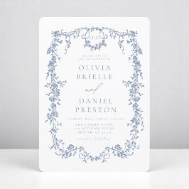 Victorian Fransk Dusty Blue Bröllop Monogram Inbjudningar
