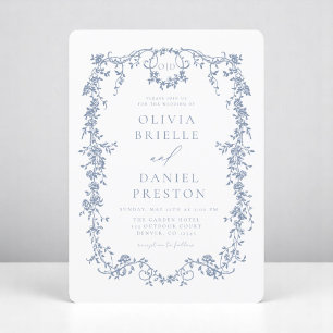 Victorian Fransk Dusty Blue Bröllop Monogram Inbjudningar