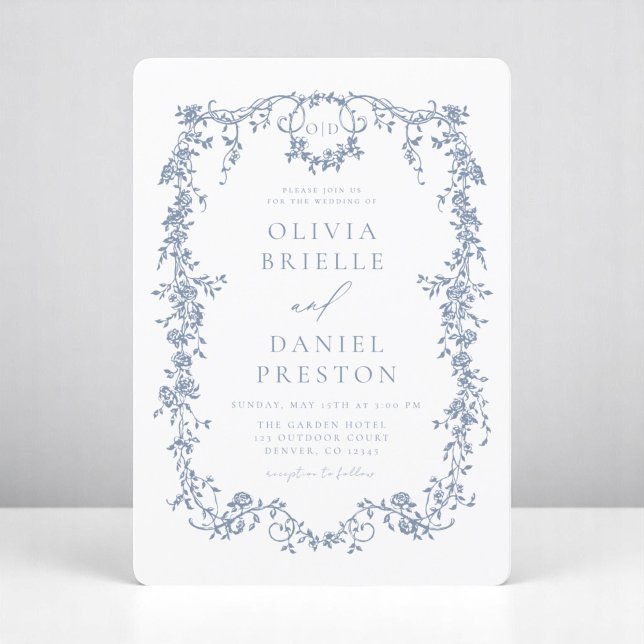 Victorian Fransk Dusty Blue Bröllop Monogram Inbjudningar (Skapare uppladdad)