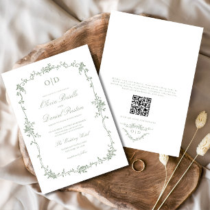 Victorian Fransk QR Code Sage Grönt Bröllop Inbjudningar