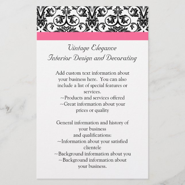 Victorian Fuchsia Rosa and White Damask Flygblad (Framsidan)