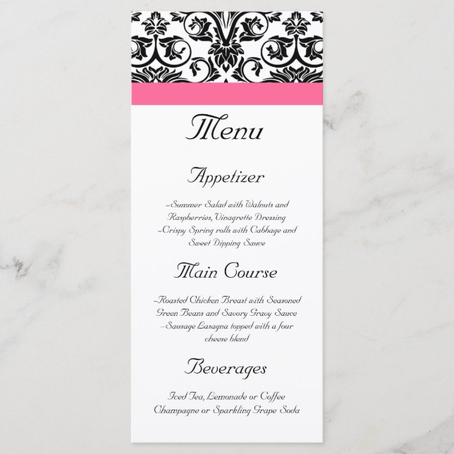 Victorian Fuchsia Rosa and White Damask Menu Meny (Framsida)