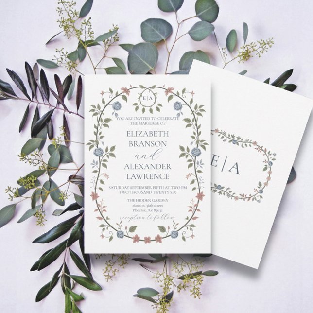 Victorian Garden Dusty Blue Monogram-inbjudan Julkort (Skapare uppladdad)