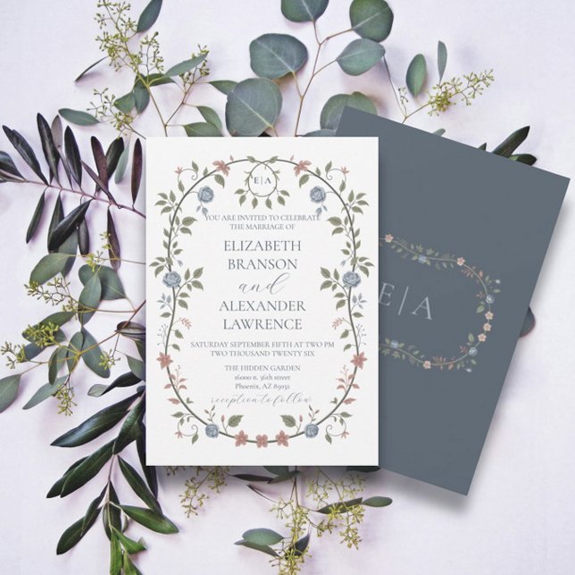 Victorian Garden Dusty Blue Monogram Inbjudan V2 (Skapare uppladdad)
