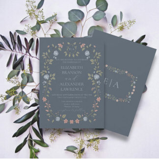 Victorian Garden Dusty Blue Monogram Inbjudan V3