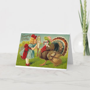 Victorian Girl and Turkey Thanksgiving Card Helgkort