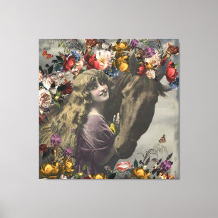 Victorian Girl & Black Horse Blommigt Collage Canvastryck