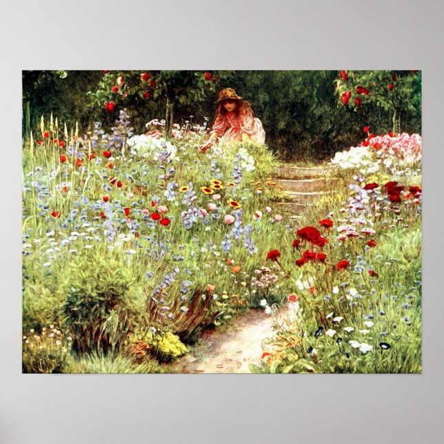 Victorian Girl i Blomsterträdgården Poster (Framsidan)