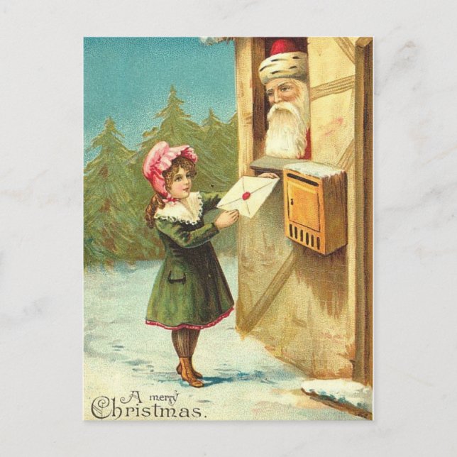 Victorian Girl Mailing Hennes Brev till Santa Helg Vykort (Framsida)
